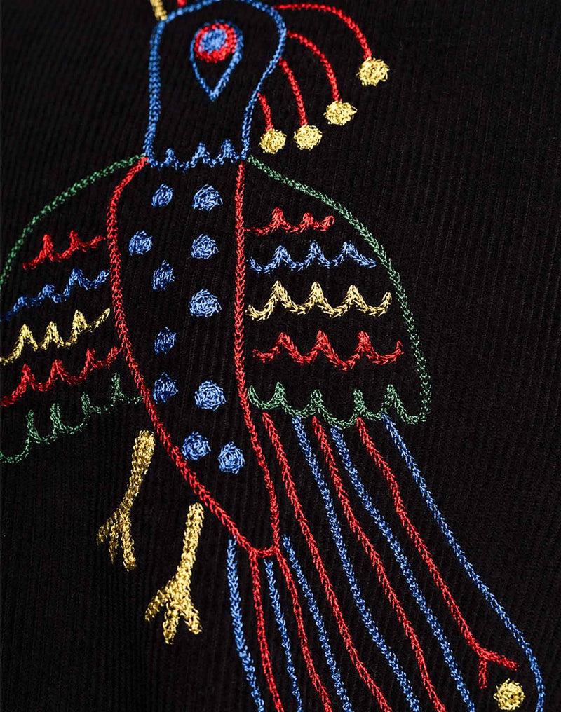 OLOW Decré Take Off Cord-Overshirt in Schwarz – Nahaufnahme der Vogelstickerei